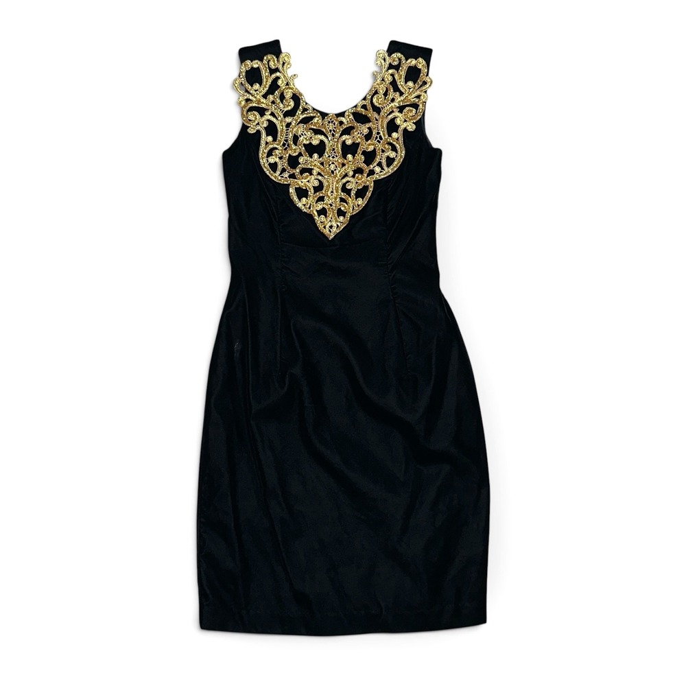 Vintage Jessica McClintock Gunne Sax Black Velvet Gold Lace Dress 3/4 P1902 5163